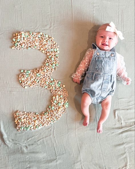 Newborn Milestone Photo with Lucky Charms for March and St. Patricks day Newborn Milestone, St Patricks Day Pictures, Monthly Baby Pictures, Monthly Photos, Lucky Charms, Denim Romper, St Pattys Day, St Pattys, Baby Milestones