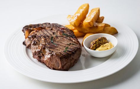 Dominic Chapman shares an exquisite   Mustard infused Rib Eye with crispy potatoes Maille Mustard, Madeira Sauce, Good Steak Recipes, Steak Dishes, Mustard Recipe, Fillet Steak, Great British Chefs, Rib Eye, Best Steak