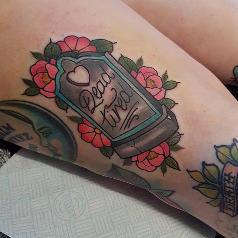 Tattoo Snob on Instagram: “Dead Tired tattoo by @hanahelizabethtattoo at Black Heart Collective in Rugeley, U.K. #hanahelizabethtattoo #blackheartcollective #rugeley…” Crafting Tattoo, Pill Tattoo, Jd Tattoo, Bailey Sarian, Villa Rica, Ink Ideas, Body Mods, Black Heart, Tattoos And Piercings