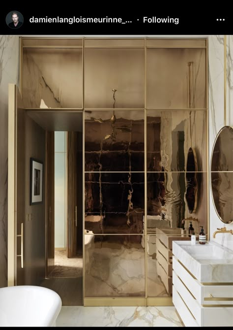 Good example of mirror-wall/hidden doors idea. Hidden Bathroom Door, Mirror Panelling, Bathroom Door Design, Hidden Doors In Walls, House Exterior Ideas, Mirror Interior Design, Hidden Rooms, Secret Door, Bronze Mirror