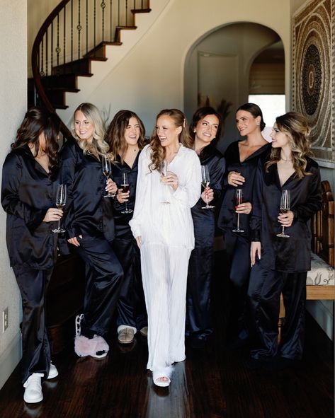 black satin pajamas Bridesmaids Before Wedding Outfit, Black And White Getting Ready Outfit, Getting Ready With Bridesmaids, Get Ready Bridesmaid Outfits, Bridesmaid Sweatsuit, Ischia Wedding, Olivia Duncan, Wedding Getting Ready Outfit, Bridesmaid Getting Ready Outfit