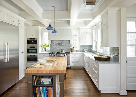 White Kitchen Butcher Block Counter, Rectangular Kitchen Layout, Kitchen Island With Butcher Block Top, Restaurant Banquette, Small Kitchen Ideas Layout, Rectangular Kitchen, White Kitchen Backsplash, Butcher Block Kitchen, White Kitchen Decor