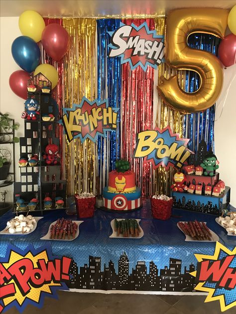 Superhero Dessert Table Ideas, Avenger Dessert Table, Avengers Table Decor, Superhero Sweet Table, Marvel Theme Dessert Table, Marvel Dessert Table, Marvel Birthday Theme, Superhero Party Table Decor, Superhero Table Decorations