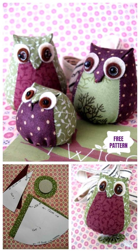 Fabric Owls Pattern, Animal Pin Cushion, Owl Sewing Patterns Free Printables, Stuffed Toys Patterns Free, Things To Make With Fabric, Sew Animals, Fabric Owls, Owl Doorstop, Owl Diy