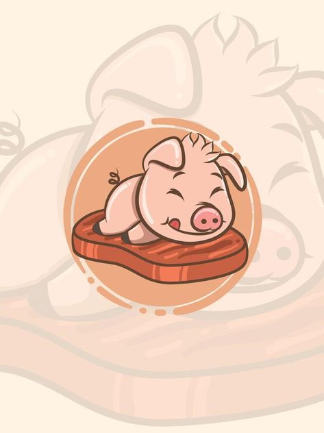 cute pig on a slice of grilled pork - mascot and illustration Pork Illustration, Design Cibo, Pig Logo, Cute Pig, Indie Art, Menu Board, Ideas Casa, Cute Pigs, Grilled Pork