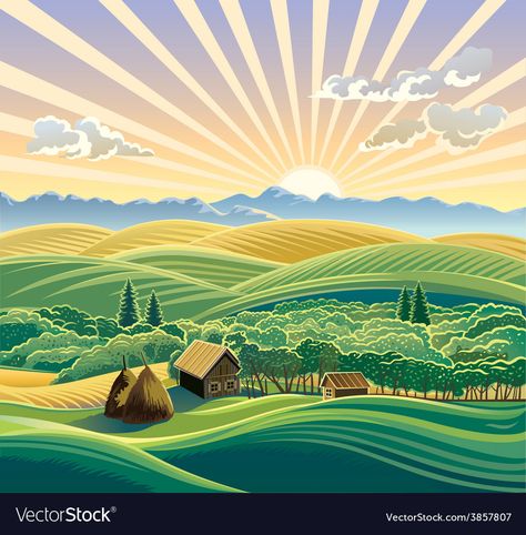 Cartoon Farm design background Royalty Free Vector Image Countryside Illustration, Houses Illustration, Farm Cartoon, Landscape Countryside, Countryside Landscape, Farm Logo, Farm Design, Rural Landscape, Landscape Illustration