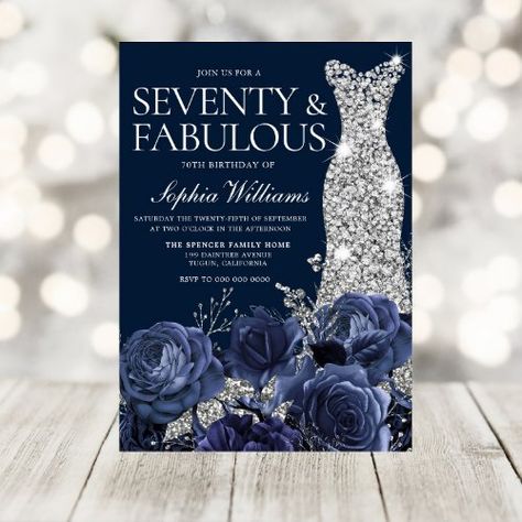 70th Birthday Invites Women, Blue Party Decorations, 70th Birthday Party, 70th Birthday Invitations, 95 Birthday, 60th Birthday Invitations, 70th Birthday Parties, Diamond Dress, Fabulous Birthday