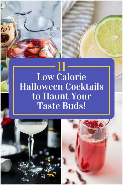 Collage of 4 low calorie halloween cocktails. Healthy Cocktails Vodka, Low Calorie Drinks Nonalcoholic, Low Calorie Vodka Cocktails, Halloween Punch Alcohol, Low Carb Mixed Drinks, Low Calorie Alcohol, Easy Halloween Cocktails, Low Cal Cocktail, Halloween Themed Drinks