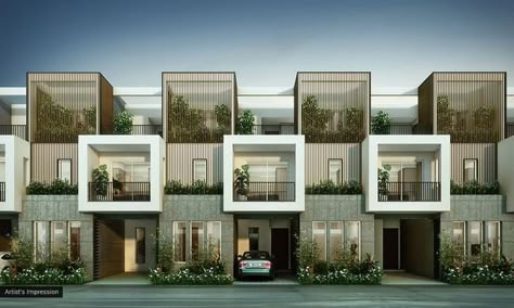 Triplex Exterior Design, Low Rise Housing Architecture, Multi Family Residential Architecture, Townhouse Architecture Design, Cluster House Design, Row House Elevation Design, Coliving Architecture, Modern Townhouse Designs, Town House Exterior