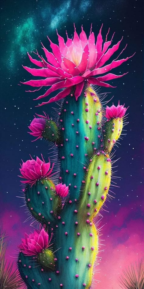 Cactus, Acrylic Painting, Flowers, Pink, Art