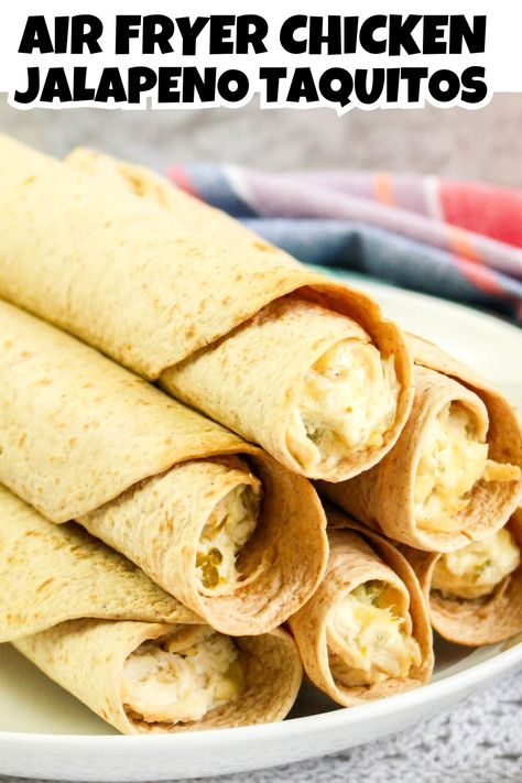 Chicken Jalapeno Taquitos on a white plate. Air Fryer Chicken Taquitos Recipe, Air Fryer Taquitos Chicken, Jalapeno Taquitos, Dinner Air Fryer Recipes, Air Fryer Chicken Taquitos, Beginner Air Fryer Recipes, Air Fryer Taquitos, Dinner Air Fryer, Vegetable Tempura