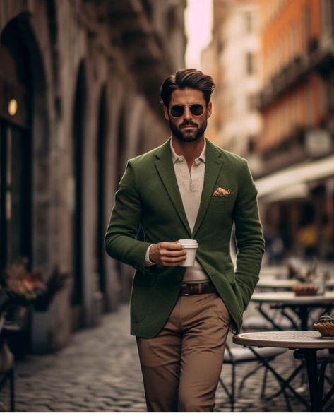 Khaki Blazer Outfit Mens, Dark Green Blazer Outfit Men, Green Blazer Outfit Men, Khaki Blazer Outfit, Chinos Outfit, Tan Pants Men, Blazer Men Outfit, Outfit With Vest, Green Blazer Outfit