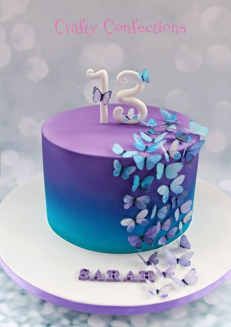 Blue Green Cake, Purple Birthday Cake Ideas, Butterfly Theme Cake, Purple Birthday Cake, Purple Butterfly Cake, Purple Cakes Birthday, 14th Birthday Cakes, Blue Birthday Cakes, 8th Birthday Cake