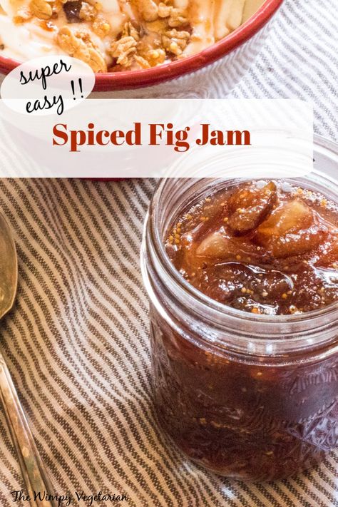 Easy fig jam spiced up with cardamom, ginger, cinnamon and nutmeg. Following an overnight soak, it's ready in about 30 minutes. Add it to oatmeal or spread it on cheddar biscuits. #FigJam #FigPreserves #EasyFigJam #HowToMakeFigJam #CanningForBeginners #JamForBeginners #EasyJamForBeginners #FigRecipe #FreshFigRecipe #VeganFigRecipe Spiced Fig Jam, Fig Jams, Canned Recipes, Canning Jams, Pretty Jars, Dressings Recipes, Fig Jam Recipe, Ginger Jam, Infused Honey