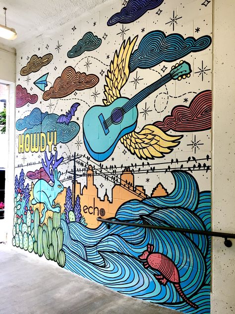 Beehive Wall Mural, Music Mural Ideas, Music Mural Art, Music Room Mural, Coffee Shop Murals, Murals Street Art Creative, Musical Mural, Rustic Mural, Adventure Mural