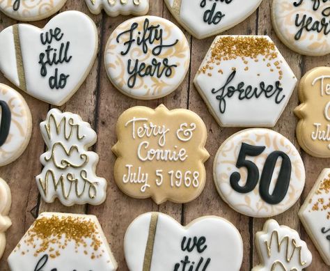 50 Th Anniversary Decorated Cookies, 50 Years Cookies Decorated, 50th Wedding Anniversary Royal Icing Cookies, 50th Anniversary Cookie Ideas, 10 Year Anniversary Cookies, Happy Anniversary Cookies Decorated, 50th Wedding Anniversary Cookie Ideas, 50 Anniversary Cookies Decorated, Anniversary Party Cookies