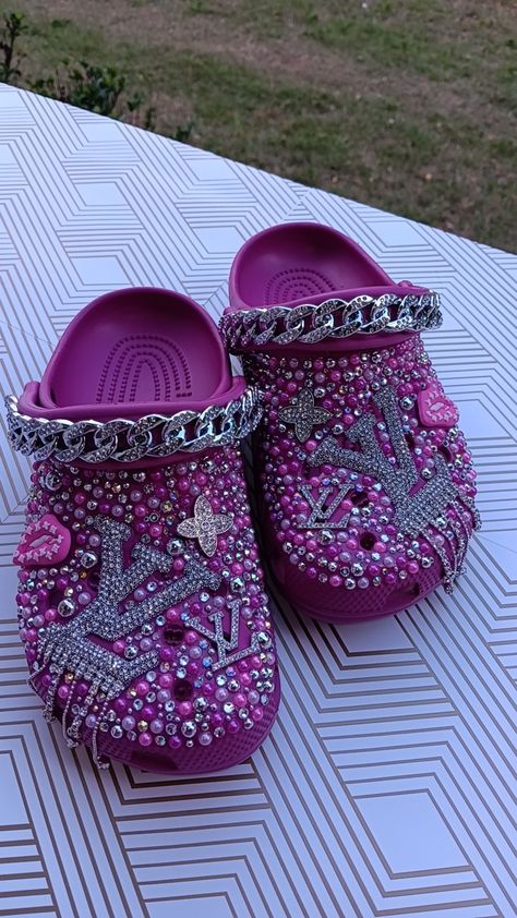 Pink LV custom Crocs 
Luxury, designer inspired, and just beautiful! Custom Crocs, Just Beautiful, Luxury Designer, Design Inspiration, Pink, Design