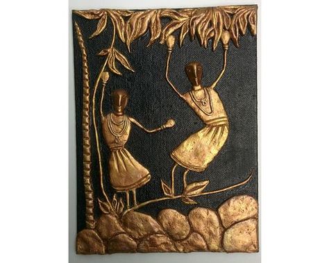 This is a Warli Art made of shilpkar on Canvas board using Fevicryl Metallic colours. Warli Art With Clay, Craft On Canvas, Clay Art On Canvas, Art With Clay, Warli Art, Durga Puja, Canvas Board, Metallic Colors, Art On Canvas