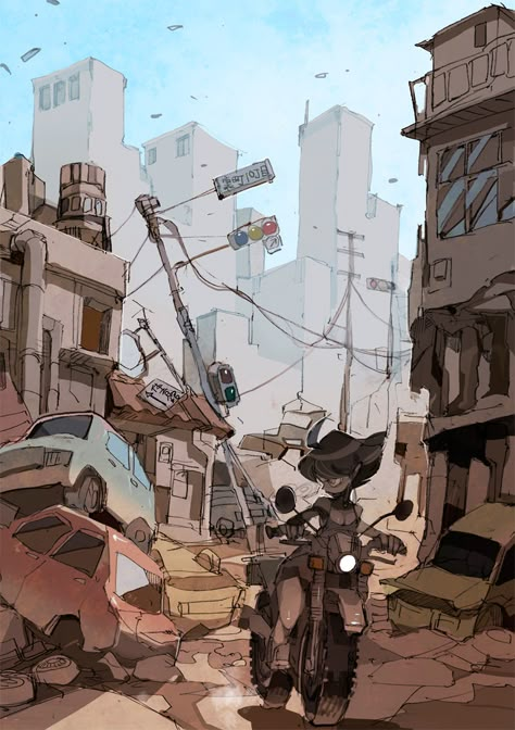 city in rubble Demizu Posuka, City Perspective, City Drawings, Perspective City, Illustration Perspective, Ruined City, Art Of Animation, City Background, City Drawing