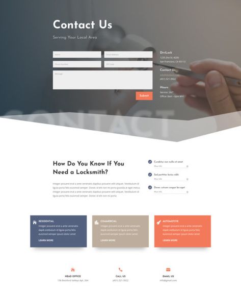 The Locksmith Layout Pack is perfect for any website in the service industry. It has 7 different pages including three layouts dedicated to showcasing services. The design is both professional and welcoming. And the landing page has clear calls to action with accessible contact information throughout which is perfect for a locksmith company. Divi Layouts, Contact Us Page Design, About Us Page Design, Wireframe Website, Calls To Action, Unique Website Design, Web Design Websites, Page Layout Design, Service Industry