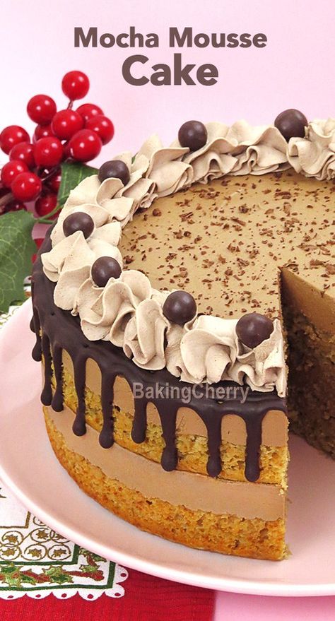 Moist and Delicious Mocha Mousse Cake. A soft and fluffy cake moistened with mocha syrup and filled with an airy mousse that melts in your mouth! The perfect dessert for Christmas, holidays, or any other occasion! #cake #mousse #mocha #chocolate #coffee #dessert #recipe #homemade #Christmas #holidays Coffee Mousse Cake, Mocha Mousse Cake, Mocha Syrup, Dessert For Christmas, Coffee Mousse, Mousse Cake Recipe, Cake Filling Recipes, Mocha Cake, Fluffy Cake