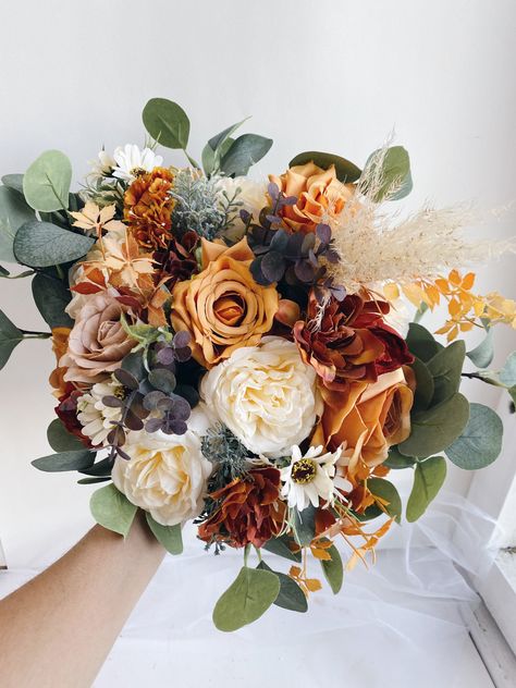 Sage And Terracotta Wedding Bouquet, Rustic Fall Wedding Ideas October Bridal Bouquets, Terracotta And Sage Bridal Bouquet, Terracotta Sage Bouquet, Terracotta And Green Bouquet, Rust Colored Flowers Bridal Bouquets, Brown And Orange Wedding Bouquet, Terracotta And Eucalyptus Wedding Flowers, Rust Orange Wedding Bouquet