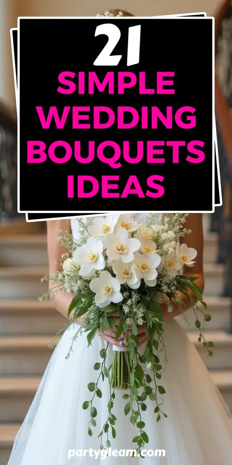 Planning your wedding? Explore 21 simple wedding bouquet ideas that will beautifully complement your big day. From delicate sunflower arrangements to charming roses and elegant cascading orchids with ivy, these bouquets are designed for every bride-to-be. Whether you prefer classic styles or modern looks, we've gathered mesmerizing inspiration that highlights ease and elegance. You'll find ideas that appeal to different tastes and themes, ensuring your wedding flowers are perfect and reflect your unique personality. Simple Wedding Bouquet Ideas, Simple Wedding Bouquet, Wedding Bouquets Ideas, Bouquets Ideas, Ranunculus Bouquet, Wedding Bouquet Ideas, Simple Wedding Bouquets, Dahlia Bouquet, Sunflower Arrangements