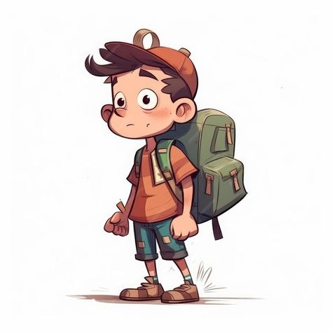 Kids Cartoon Characters Boys, Builder Character Design, Cartoon Backpack Drawing, Adventure Illustration Exploring, Backpack Drawing Reference, Backpack Pose Reference, Character With Backpack, Kids Book Characters, Backpacks Drawing