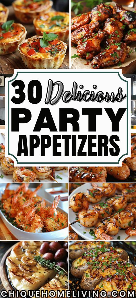 Planning your next gathering? These 30 mouth-watering party appetizers are guaranteed to impress your guests! From classic favorites like cheesy stuffed jalapeños, mini sliders, and crispy bruschetta to gourmet bites like bacon-wrapped dates, shrimp cocktail, and spinach-artichoke dip, there's something for every taste. Hors Devours Appetizers, Stuffed Jalapeños, Cocktail Party Appetizers, Yummy Appetizers Parties, Heavy Appetizers, Wrapped Dates, Small Bites Appetizers, Mini Sliders, Gourmet Appetizers