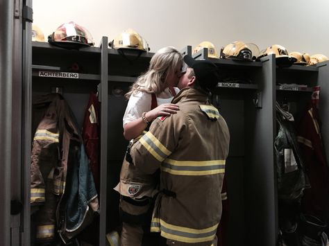 Firefighter Couple Photoshoot, self captured and absolutely beautiful @tybozak Firefighter Couple Aesthetic, Firefighter Relationship, Nurse Firefighter Couple, Firefighter Boyfriend Aesthetic, Firefighter Couple Pictures, Hector Diaz, Claire Kingsley, Firefighter Husband, Firefighter Couple