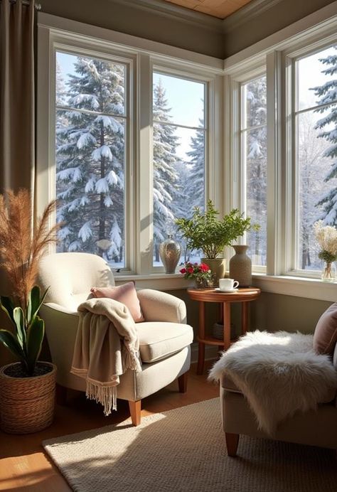 Winter Home Decor – DesignerAffair Sunroom Furniture Layout Cozy, Sunroom Uses, Sunroom Furniture Ideas Cozy, English Sunroom, Cozy Sunrooms, Winter Sunroom, Top Of Fridge Decor, Sunroom Furniture Layout, Vaulted Sunroom