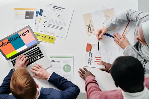 Enhance your presentations with this MacBook Air mockup at a business meeting. The device is centrally placed on a white table, surrounded by documents and three focused professionals. They discuss graphs, statistics, and finance statements. Easily insert your content on the laptop screen for a realistic business scenario. Perfect for showcasing apps or websites in professional settings. #MockupDesign #BusinessMeeting #UXDesign #PresentationTools Landing Page Inspiration, Business Valuation, Senior Management, Franchise Business, Business Data, Business Problems, Business Analysis, Business Systems, Business Analyst