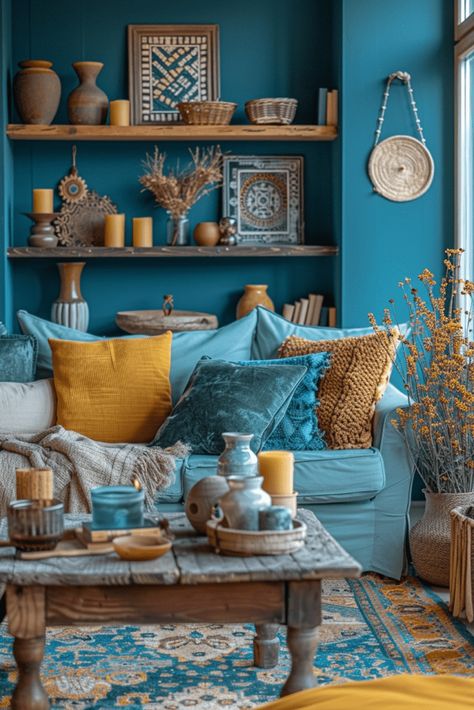 Dopamine Home, Bohemian Living Room Ideas, Blue Couch Living, Blue Couch Living Room, Relaxing Spaces, Greek Decor, Boho Decor Ideas, Teal Decor, Blue Couch