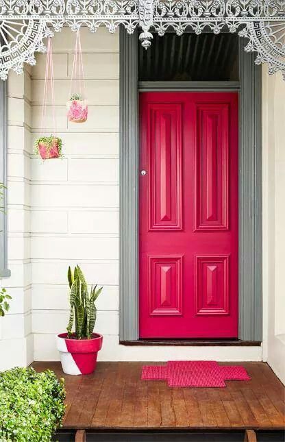 1 Red Front Door, Beautiful Front Doors, Dulux Paint, Viva Magenta, Pink Door, Traditional Exterior, Front Door Colors, Painted Ceiling, Red Door