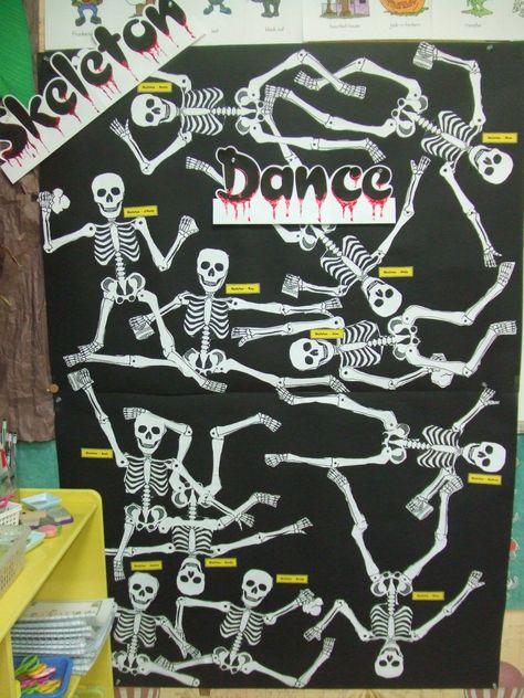 Fall-Halloween  Skeleton Dance Fall Bulletin Board Ideas, Fall Bulletin Board, Teacher Bulletin Boards, Skeleton Dance, Bulletin Board Ideas, Snack Gift, Dance Teacher, Halloween Skeleton, Too Cool For School