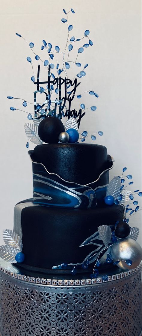 Black And Blue Cake Ideas Birthdays, Black And Blue Birthday Cake, Black And Blue Cake For Men, Navy Blue And Silver Birthday Cake, Black And Blue Cake, Navy And Silver Birthday Cake, Blue And Silver Birthday Cake, Blue And Silver Cake For Men, Midnight Blue Cake Birthday