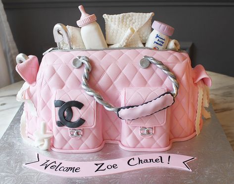 Chanel Diaper Bag Cake Chanel Birthday Party Decoration, Chanel Baby Shower, Baby Shower Cake Designs, Shark Birthday Cakes, Baby Shower Cakes For Boys, Shower Desserts, Baby Shower Diaper Cake, 3d Cakes