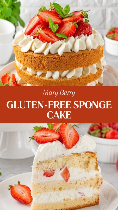 Mary Berry Gluten-Free Sponge Cake Gluten Free Cake Flour Recipe, Gluten Free Cake Flour, Gluten Free Sponge Cake, Berry Cake Recipe, Dairy Free Pudding, Gluten Free Vanilla Cake, Tasty Cake, Mary Berry Recipe, Sponge Cake Recipe