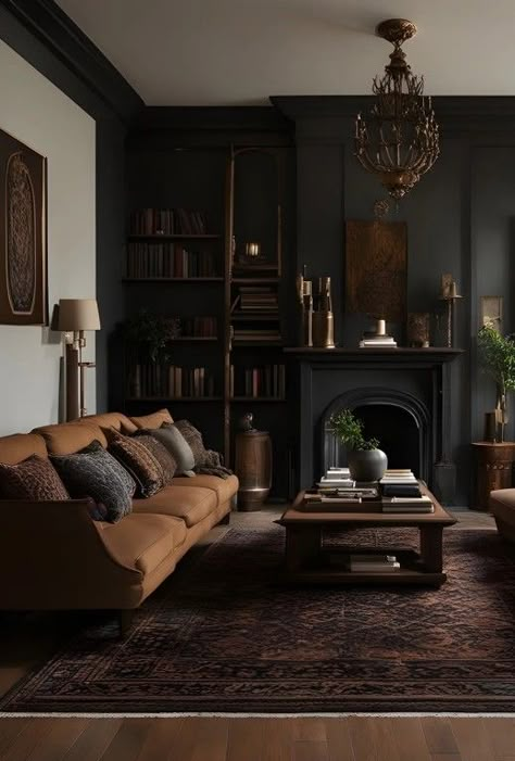 Muted Home Decor, Dark Living Rooms Ideas, Dark Academia Lounge Room, Dark Home Decor Living Room, Moody Academia Living Room, Elegant Autumn Decor, Dark Academia Basement, Dark Academia Interior Design, Dark Moody Living Room