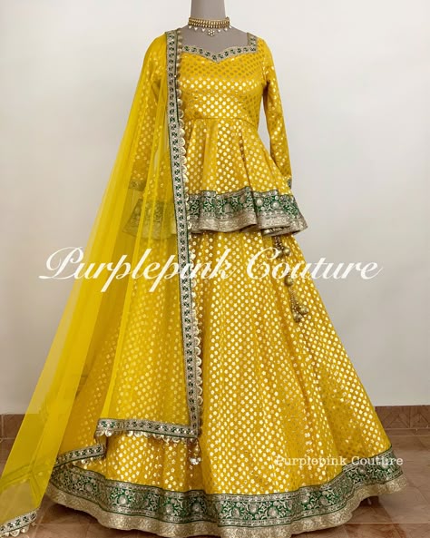 This most preferred Yellow Chanderi Lehenga Peplum Top Soft Net Dupatta can uplift your style with it's unique style and design. Lehenga Peplum, Yellow Dress Wedding, Sharara Party Wear, Chanderi Lehenga, Peplum Top Outfits, Indian Sharara, Lehenga Indian, Haldi Outfits, Function Dresses