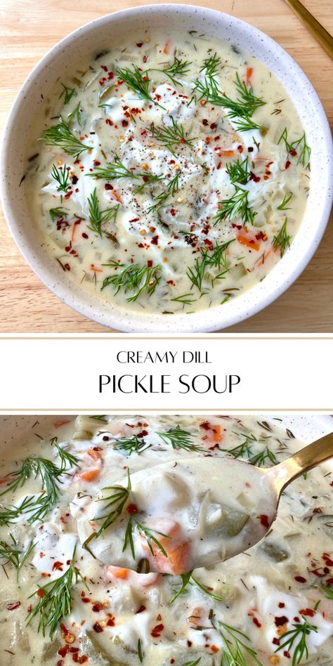 Healthy Dill Pickle Soup, Dill Pickle Chowder With Chicken Sausage, Easy Dill Pickle Soup, Creamy Dill Pickle Soup Recipe, Dill Pickle Casserole, Dill Potato Soup, Pickled Soup, Creamy Dill Pickle Soup, Horseradish Soup