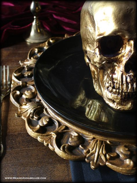 DIY Faux Antique Gold Charger Plates | Gothic Halloween Table | Me and Annabel Lee Black Dishes, Gold Charger Plates, Gothic Table, Halloween Dinner Party, Gold Charger Plate, Annabel Lee, Gold Chargers, Halloween Party Dinner, Gold Spray Paint