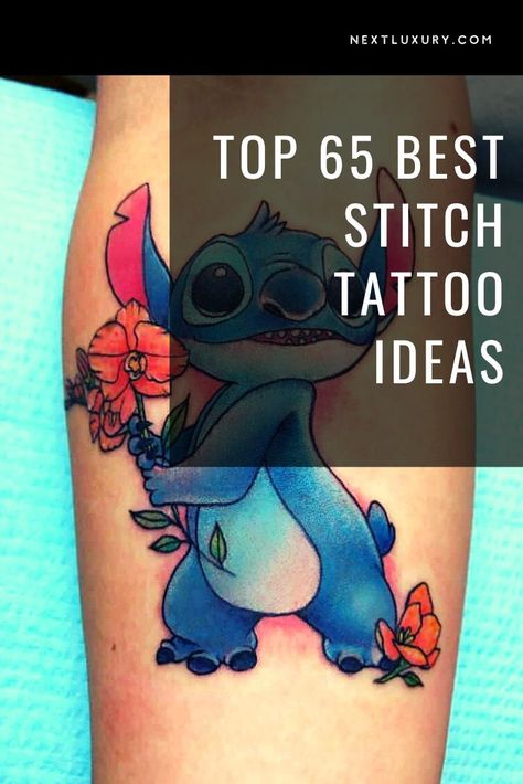 One of the more popular Disney characters that people have chosen to get tattooed is the lovable but unpredictable alien from the 2002 film, Lilo & Stitch. #tattooideas Evil Stitch Tattoo, Stitch Disney Tattoo Ideas, Stitch Tattoos For Women, Small Stitch Tattoo, Stitch Ohana Tattoo, Stitch Disney Tattoo, Lilo And Stitch Tattoo Ideas, Stitch Tattoo Design, Disney Tattoos Unique