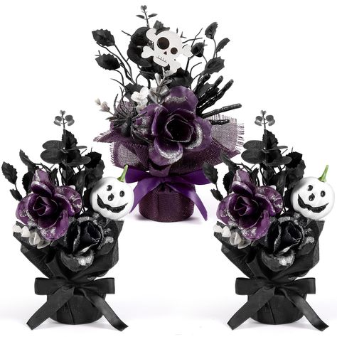 PRICES MAY VARY. Potted Halloween Artificial Flowers: You will receive 3 pack small burlap potted flowers tied with purple black bow with different themed designs, including black leaves, pumpkin, skeleton and so on; Nice combination can meet your Halloween festivities decoration needs. Quality Material: Made of quality plastic and gunny material, these faux flowers in small burlap bag vases are not only visually charming but also robust; Ensuring lasting freshness and color, even when placed ou Halloween Wedding Reception Centerpieces, Purple Table Centerpieces, Purple Flower Centerpieces, Halloween Party Centerpieces, Halloween Wedding Reception, Kitchen Indoor Outdoor, Owl Wedding, Fake Potted Plants, Outdoor Vases