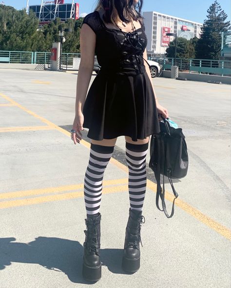 black corset style top, striped socks, and demonias swing-103 outfit! top is from vampirefreaks <3 Striped Socks Outfit, Socks Outfit, Outfit Top, Sock Outfits, Doll Party, Corset Style Tops, Goth Aesthetic, Alt Fashion, Black Corset