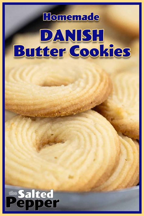 Easy homemade butter cookies using 4 basic ingredients. These are better than store-bought and beautiful on your cookie tray. They can be made ahead and frozen! Danish Cookie Recipes, Danish Shortbread Cookies, French Butter Cookies Recipes, Scandinavian Cookies Recipes, Danish Waffles, Ajwain Cookies, Scandinavian Sweets, Danish Butter Cookies Recipe, Easy Homemade Butter