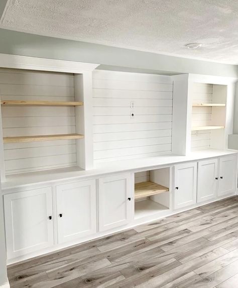 Rec Room Built Ins, Built In Bookshelves Entertainment Center, Built In Tv Wall Unit With Bar, Custom Built Ins Living Room, Full Wall Built Ins Living Room, Basement Built Ins With Tv, Built In Wall Units, Basement Decoration, Ikea Built In