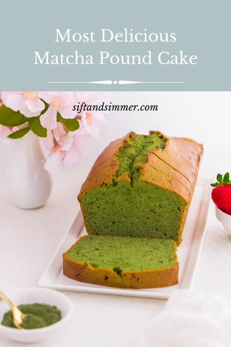 Sliced matcha pound cake on white rectangular plate, with text overlay. Matcha Bundt Cake, Matcha Loaf Cake, Matcha Baking Recipes, Matcha Pound Cake, Match Recipes, Pound Cake Loaf, Matcha Dessert Recipes, Matcha Baking, Matcha Green Tea Recipes