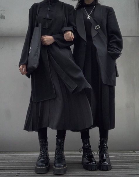 Dark Victory Clothing, Shirt Dress With Stockings Outfit, Winter Outfits Dark Aesthetic, All Black Japanese Style, Black Layering Outfit, Post Modern Fashion, Layered Black Outfit, 170 Cm Tall Girl, Mid Size Goth