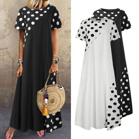 Womens Summer Polka Dot Long Dress Kaftan Short Sleeves Patchwork Casual Loose Maxi Dress Plus Size Polka Dot Long Dress, Maxi Dress Plus Size, Dress Kaftan, Loose Maxi Dress, Collar Pattern, Plus Size Maxi Dresses, Dress Plus Size, Ladies Tops Fashion, Spring Dresses